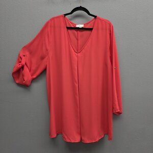 Misia Shirt Womens 3X Plus Pink Solid V Neck Roll Tab Sleeve Tunic Blouse Top